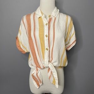 Altar’d State linen striped short sleeve tye crop button up size medium